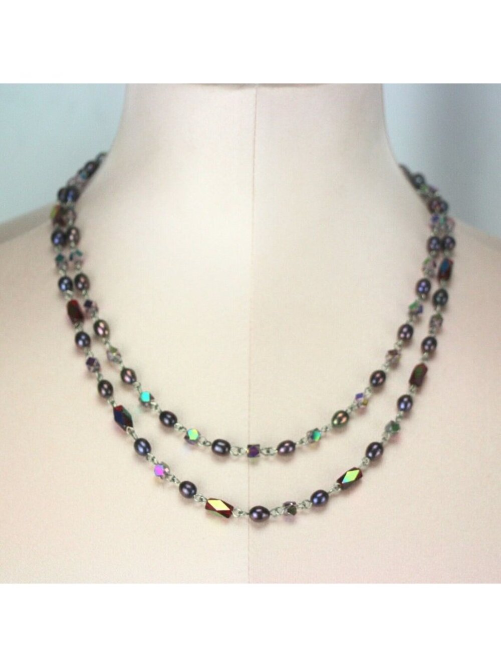 Occasion Necklace Silver-Tone Double Dark Iridescent Beads